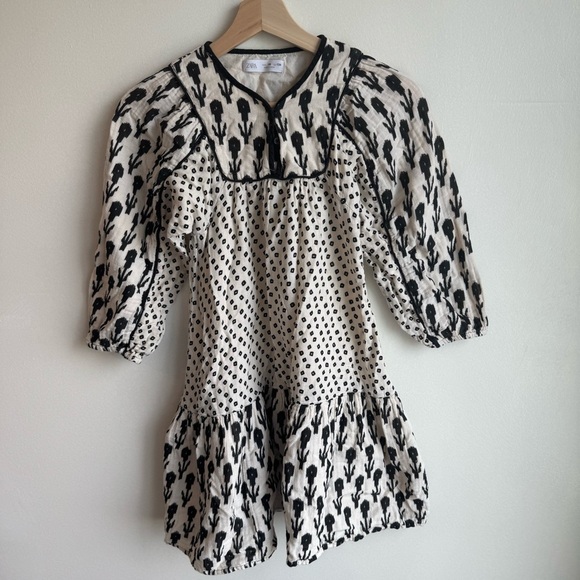 Zara Girls Long Sleeve Gauze Boho Floral Black and Beige Summer Short Dress - Picture 1 of 6